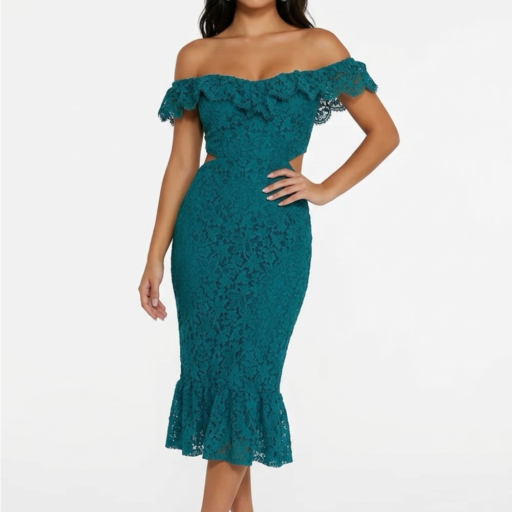 Express Teal Off-Shoulder Lace Midi Dress